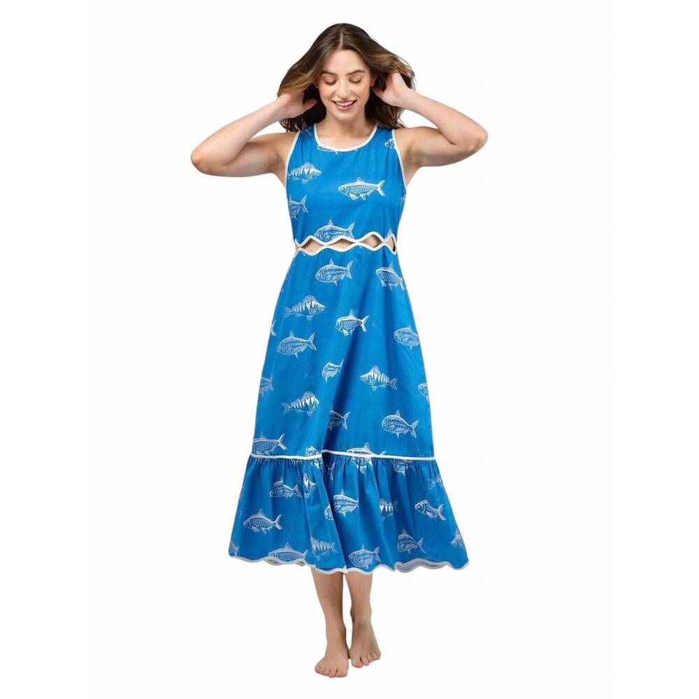 NEW BEAU & RO lina midi dress in blue fish